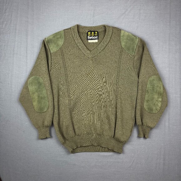 Vintage Barbour Sweater Mens Small Green Sporting Rib Elbow Pad Suede Trim Wool - Picture 1 of 7